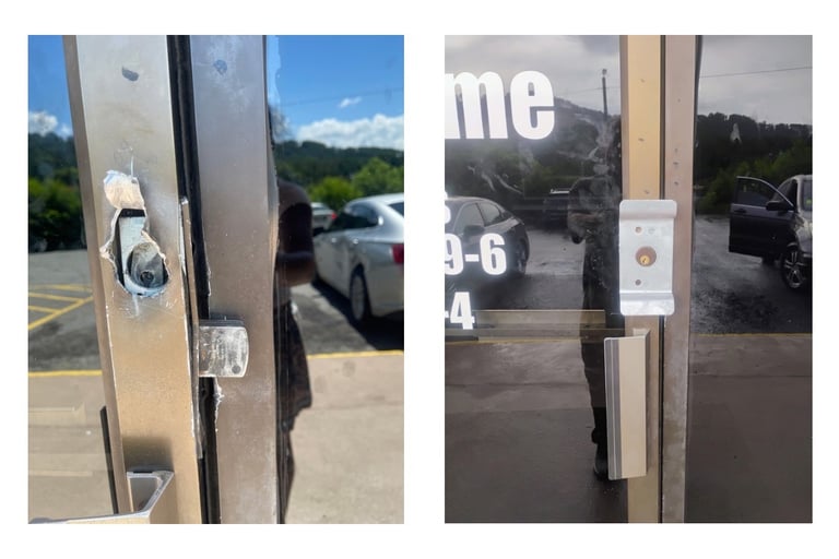 Commercial door latch before and after installation of guard plate showing improved security