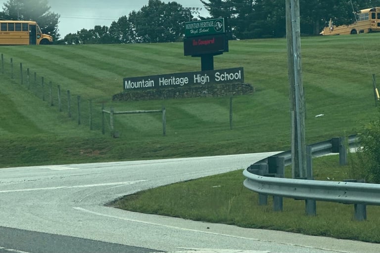 Mountain Heritage High School sign in Burnsville, North Carolina representing commercial locksmith service 