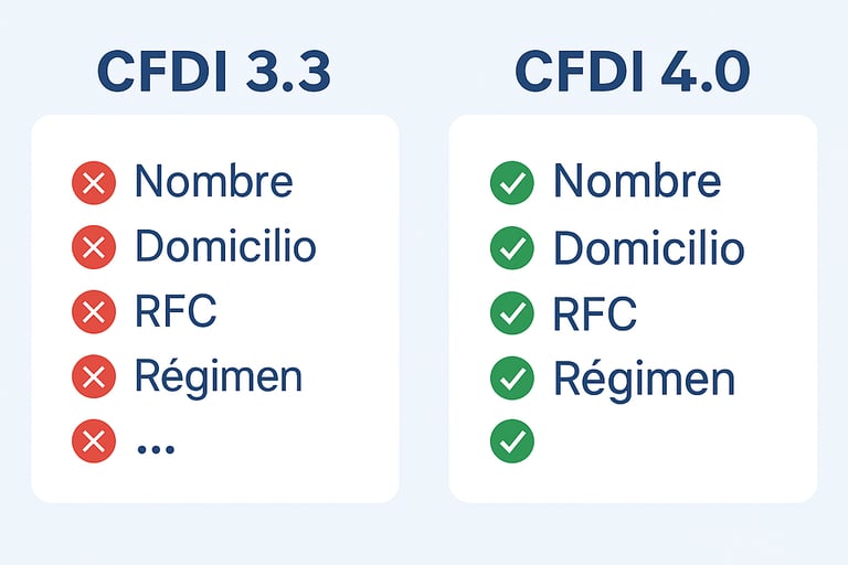 Comparación de campos obligatorios en facturas CFDI 4.0 vs 3.3 en México