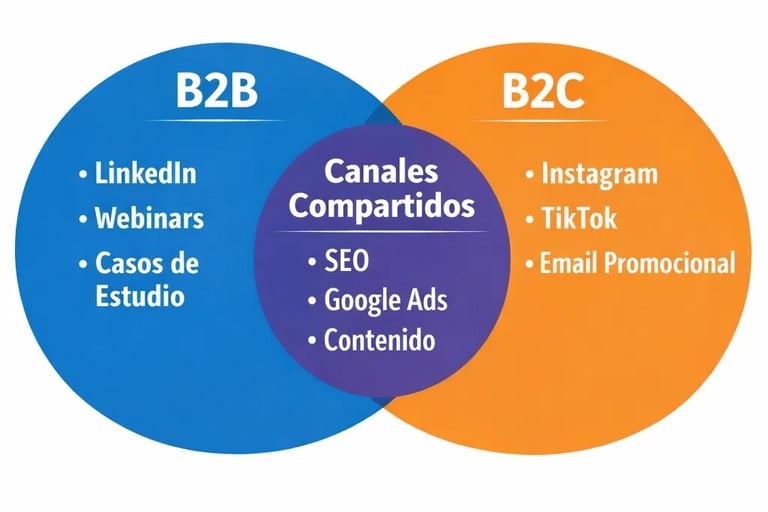 Mapa estratégico canales marketing B2B vs B2C generación leads 2026