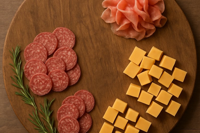 a cutting board with cheese and sausages