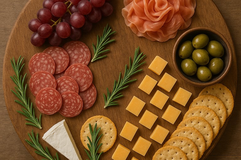 a plate of cheese and crackers with grapes and olives