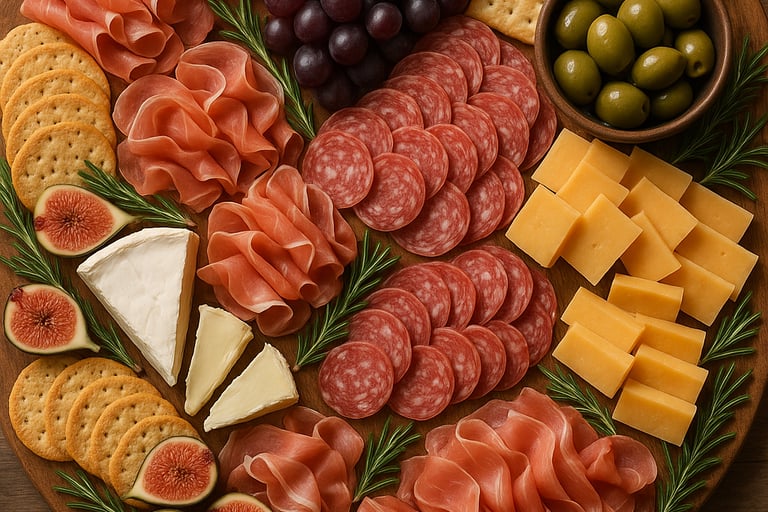a platter of cheese and crackers on a wooden board
