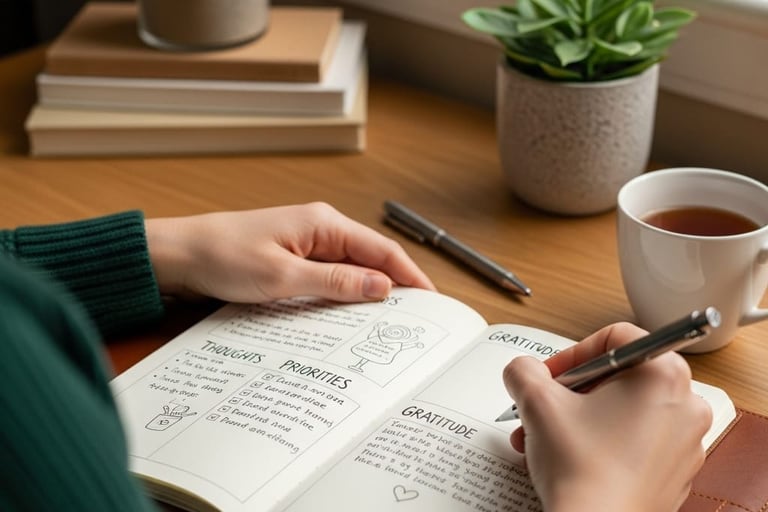 Person journaling at a cozy wooden desk with notebook and pen