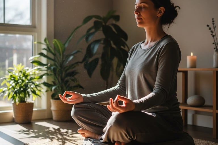 Mindfulness meditation in a sunlit room with plants and candle
