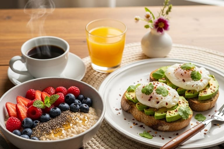 Healthy breakfast with oatmeal, avocado toast, eggs, coffee, and orange juice