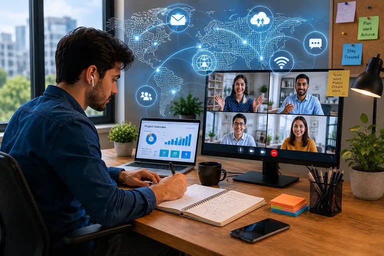 Global digital connectivity and remote work collaboration using modern technology
