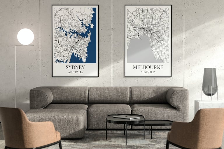 Sydney and Melbourne Map Poster in Living Room
