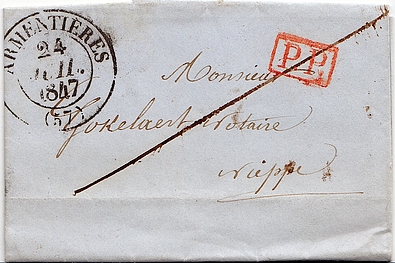 1847: Brief unter 7,5 g von ARMENTIÈRES zur ländlichen Gemeinde NIEPPE.