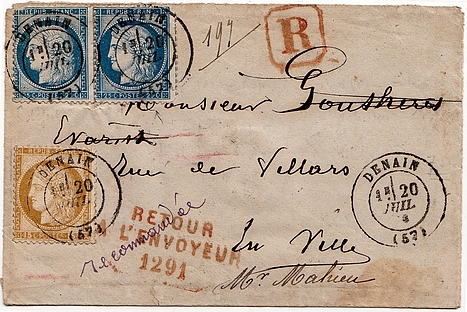 1876: Lettre de et pour DENAIN envoyée en recommandé.
