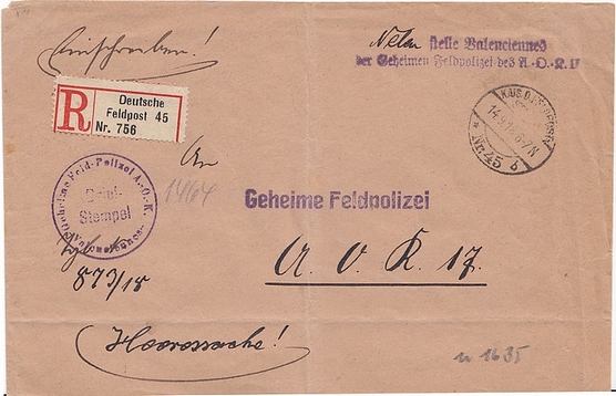 Free military registered letter posted at Feldpoststation no. 45 in VALENCIENNES. 