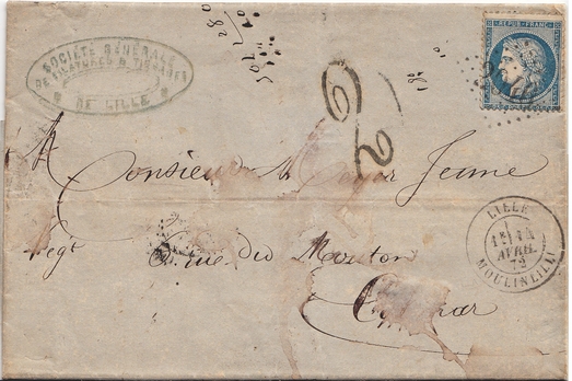 Letter franked at 25 c (tariff of 01/09/1871) for COLMAR. Tax "2" Groschen applied in MULHOUSE.