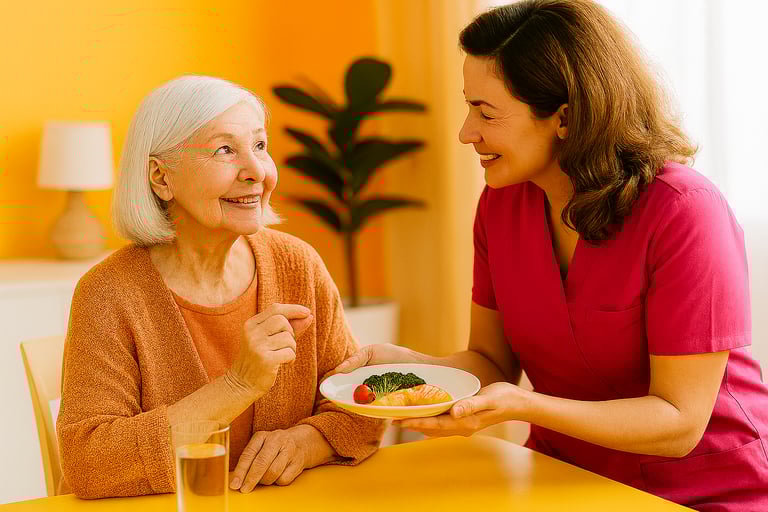 Ayudante dando plato comida señora.