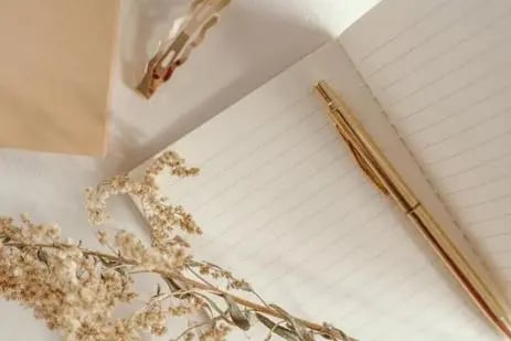 Carnet et stylo doré sur une table avec fleurs séchées, symbole d’écriture et de partage de témoignage en sophrologie