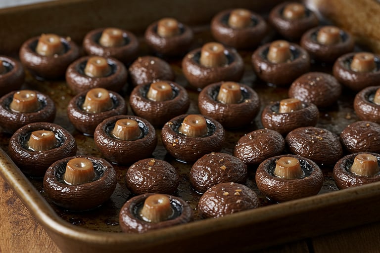 a pan of mushrooms and mushrooms on a baking tray