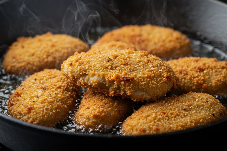 a pan of fried fried chicken nuggling in a skillet