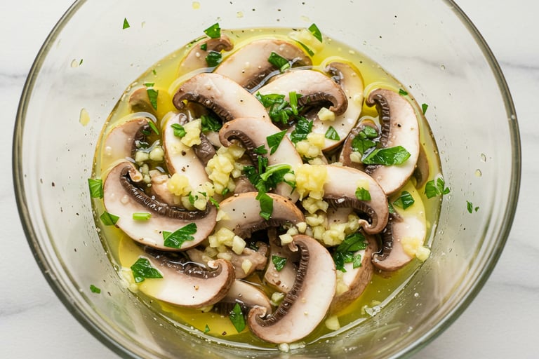 a bowl of mushrooms and mushrooms with a glass bowl of mushrooms
