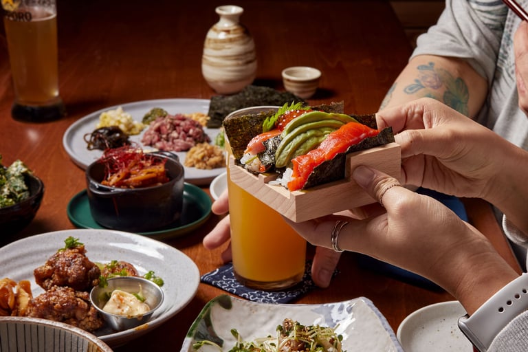 Temaki Sushi Platter, Chilled Beer, Japanese Sake, and Spiced Chicken Karaage