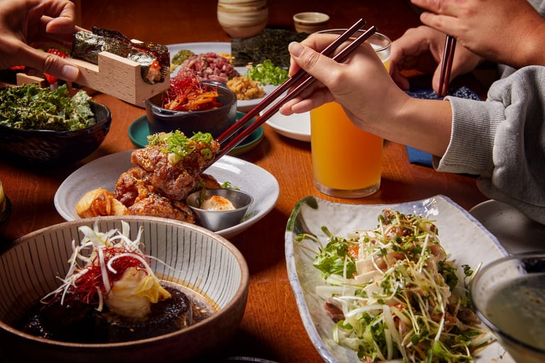 Temaki Sushi, Spiced Chicken Karaage, Shredded Veggies and Tofu with Horse Mackerel Sashimi