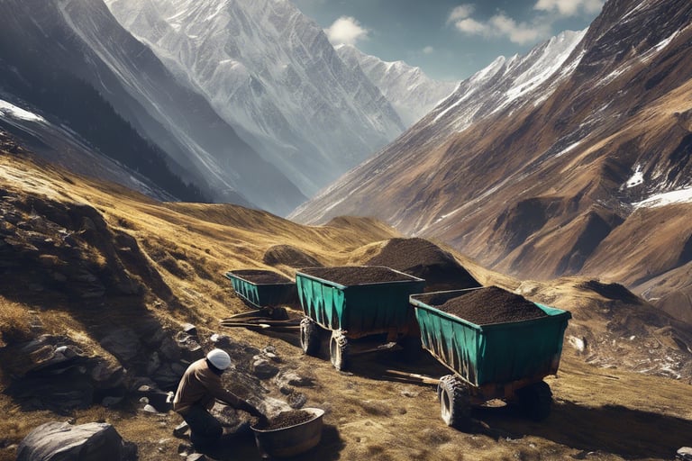 A scene of shilajit harvesting in the Himalayan mountains in sunny nature