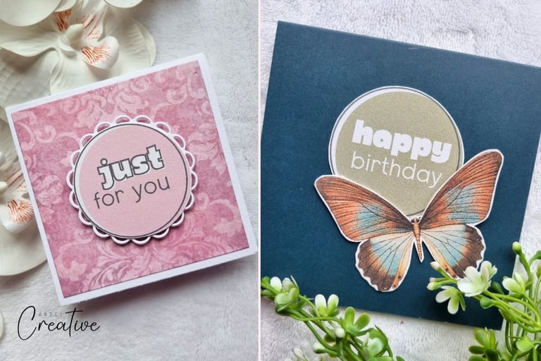 Two handmade cards with focal circular sentiments.