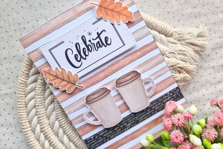 Handmade fall greeting card with two cups of coffee and "Celebrate" sentiment. Fall vibe.
