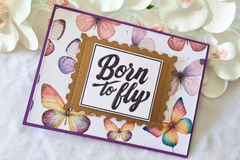 Homemade card with butterflies and "Born to Fly" sentiment.