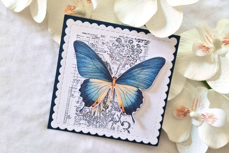 Handmade card with big blue butterfly on a dark blue card stock and stamped background