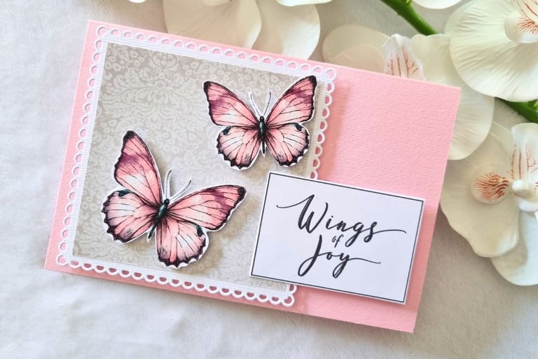 handmade pink greeting card with pink butterflies and Wings of Joy" sentiment
