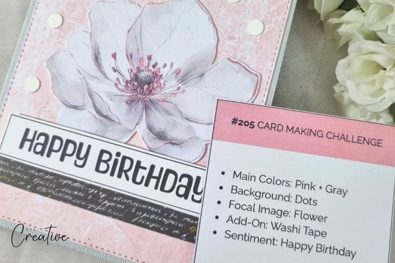 Pastel pink handmade card with card making prompt next to it
