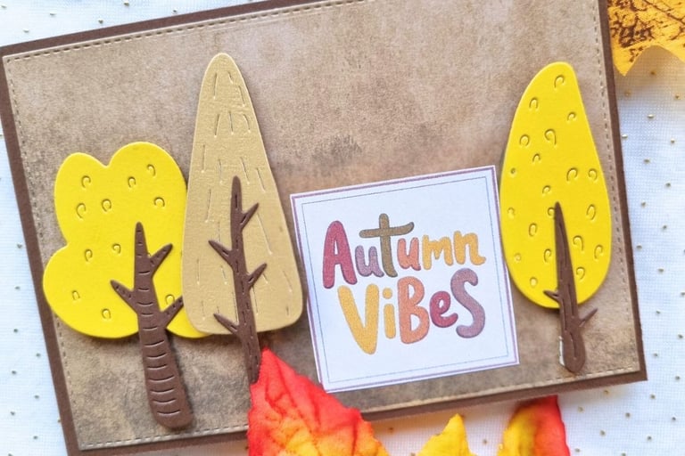 Fall handmade greeting card with trees and "Autumn Vibes" sentiment on it.