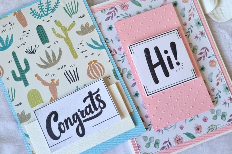 Two handmade cards, cheerful and fun, with "Congrats" and "Hi" sentiments on them.
