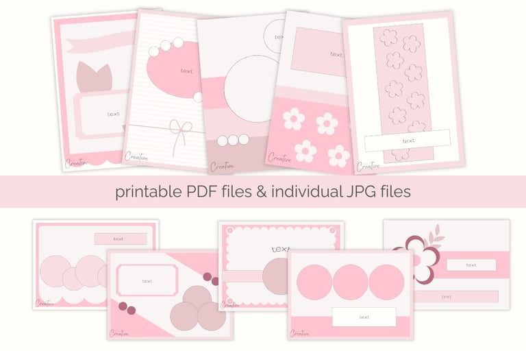 Collage of pink and white card making templates with floral and geometric designs. Includes both cir
