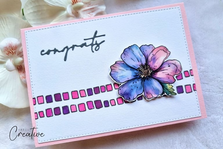 handmade card with "Congrats" sentiment, purple flower and colorful squares