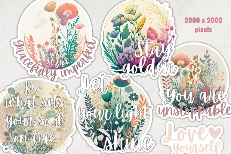 Digital Floral Boho Self Love Stickers - Motivational Stickers for Goodnotes and Cricut