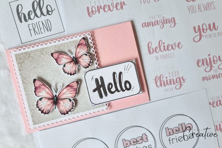 Handamde card with butterflies and printed sheets of sentiments