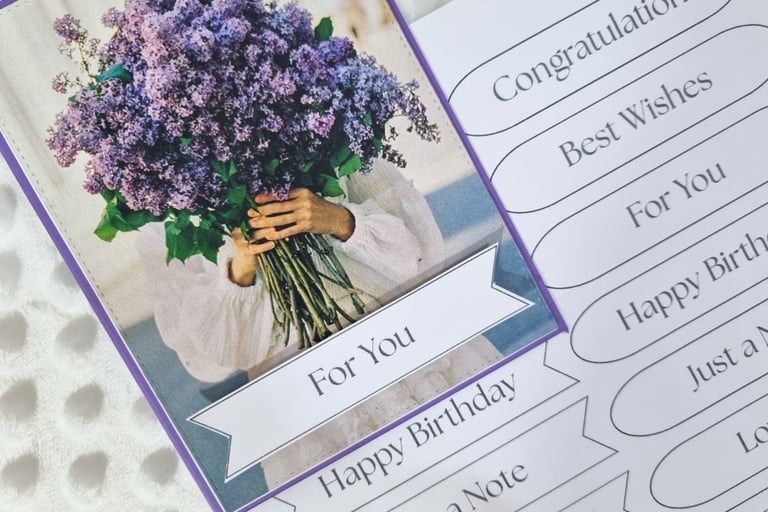 Handmade card with purple flowers and printable sentiments sheet.