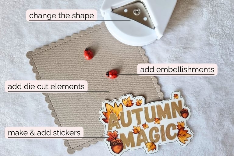 Cut out with pointed instructions: add embellishments, die cut elements, make & add stickers