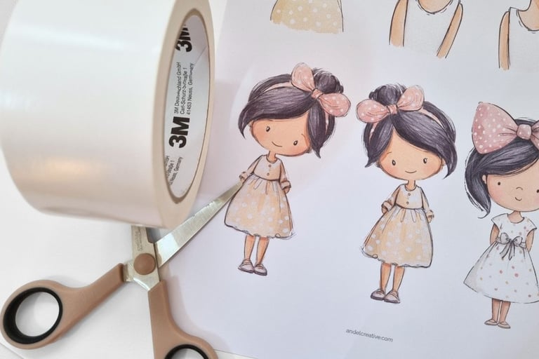 Printed sheet with cute girls on it. Double-sided tape and scissors next ot it.