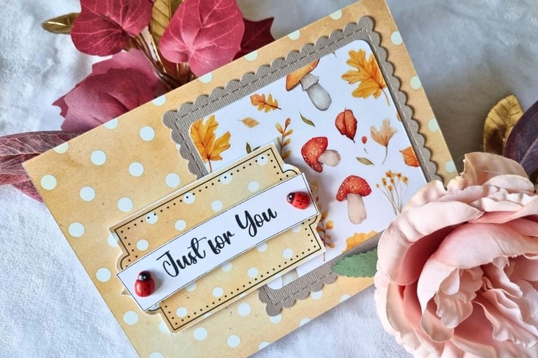 handmade greeting card in autumn colors, fall cutout elements and "Just for you" sentiment.