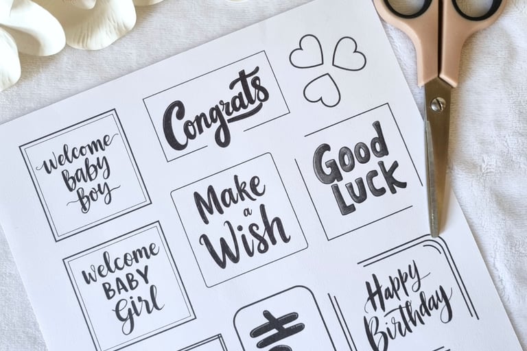 printable sheet with card making sentiments on it and scissors on it