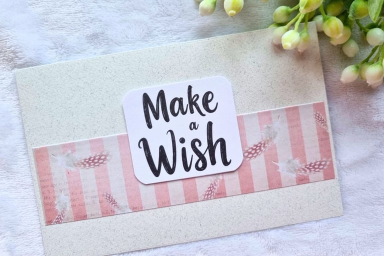 handmade greeting card in cream and pink colors, with "Make a Wish" sentiment on it