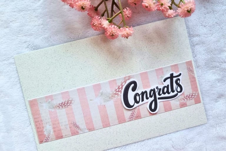 handmade greeting card in cream and pink colors, with "Congrats" sentiments on it