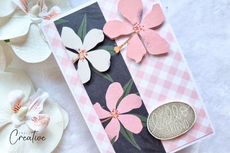 handmade card with white and pink flowers, sentiment "Hello Friend" on it