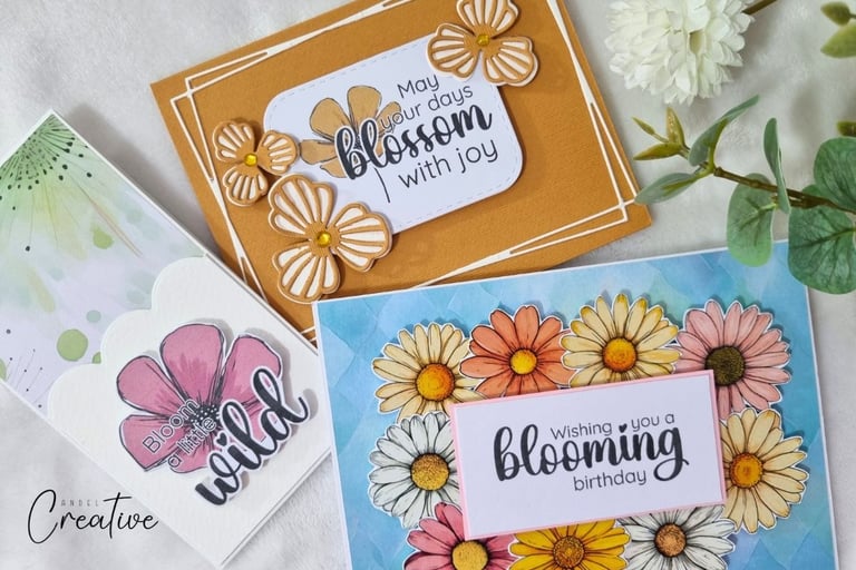 Three spring-related floral handmade greeting cards