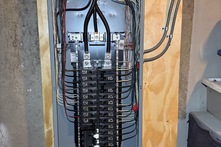 Inside view of an open residential electrical panel showing circuit breakers and wiring.