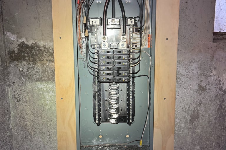 Open residential electrical panel with circuit breakers and wiring mounted on a plywood board.