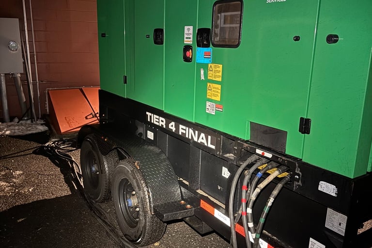 A Sunbelt Rentals Tier 4 Final industrial generator trailer providing emergency power with heavy-duty cables attached.