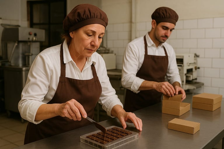 Mujer y joven elaborando y empacando bombones artesanales en fábrica de chocolate