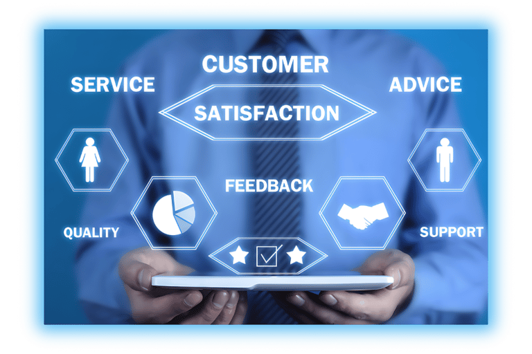 Customer Satisfaction a man with tablet the words; advice, quality, feedback, support